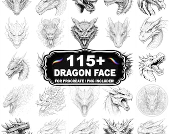 Más de 115 sellos de cara de dragón para Procreate, juego de pinceles de criaturas míticas, descarga instantánea PNG incluido