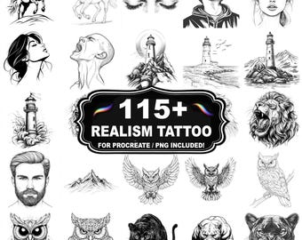 Mais de 115 carimbos realistas de tatuagem para Procreate, pincéis realistas para tatuagem, download instantâneo com PNG incluído.