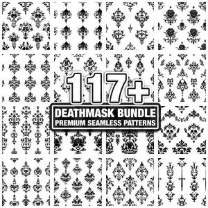 May include: A collection of black and white seamless patterns with gothic and floral designs. The image includes the text "117+ DEATHMASK BUNDLE PREMIUM SEAMLESS PATTERNS". The patterns feature skulls, roses, and ornate damask motifs.