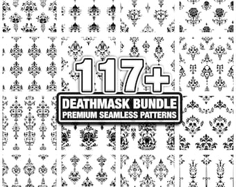 Patrones de damasco de calavera con máscara de muerte. Paquete de texturas góticas sin costuras. Descarga instantánea en formato PNG, DXF, EPS y SVG.