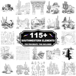 Puede incluir: Ilustraciones en blanco y negro de elementos del suroeste, incluyendo cactus, paisajes desérticos y detalles arquitectónicos. La imagen presenta un letrero central que dice "115+ Southwestern Elements for Procreate / PNG Included!"