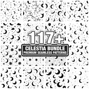 May include: A collection of black and white celestial-themed seamless patterns. The patterns feature moons, stars, and other celestial elements. The image includes the text "117+ Celestia Bundle Premium Seamless Patterns".