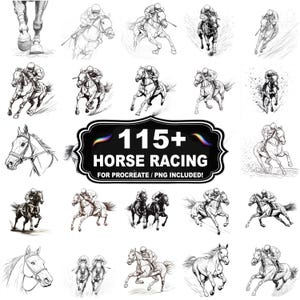 以下が含まれることがあります： 白黒の競馬イラスト115点以上のコレクション。画像には、騎手と馬、馬の頭、レースアクションのスケッチが含まれています。黒い看板のテキストは「115+ HORSE RACING FOR PROCREATE / PNG INCLUDED！」と書かれています。
