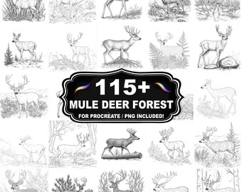 Mais de 115 carimbos para Procreate com cenas de cervos-mula na floresta, pincéis de vida selvagem para Procreate, download instantâneo com PNG incluído.
