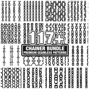 May include: A collection of black and white chain patterns. The image includes various chain designs, with the text "117+ CHAINER BUNDLE PREMIUM SEAMLESS PATTERNS" displayed on a black rectangular banner. The patterns are suitable for digital design.