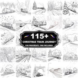 May include: A collection of black and white illustrations of trains in various winter scenes. The images include trains traveling through tunnels, over bridges, and past snowy landscapes. The central image features the text "115+ CHRISTMAS TRAIN JOURNEY FOR PROCREATE / PNG INCLUDED!"