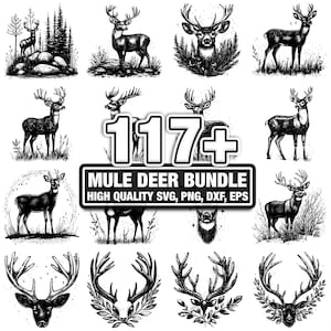 May include: A collection of black and white illustrations of mule deer in various poses and styles. The images include full body portraits, headshots, and antler displays. Text reads "117+ MULE DEER BUNDLE HIGH QUALITY SVG, PNG, DXF, EPS."
