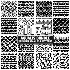 Puede incluir: Una colección de 16 patrones sin costuras en blanco y negro. Los patrones incluyen varios diseños como olas, escamas y formas orgánicas. La imagen incluye el texto "117+ AQUALIS BUNDLE PREMIUM SEAMLESS PATTERNS".