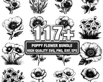 Paquete de más de 117 imágenes SVG de amapolas, descarga digital instantánea en formatos PNG, DXF, EPS y SVG, archivos de corte para Cricut y Silhouette, uso comercial e imágenes prediseñadas digitales.