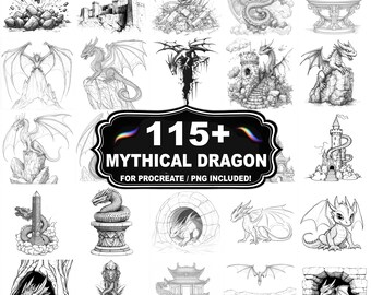 Mais de 115 carimbos de dragões míticos para Procreate, pincéis de dragões fantásticos para Procreate, download instantâneo com PNG incluído.
