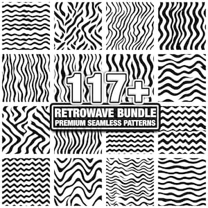 May include: A collection of black and white seamless patterns with wavy and striped designs. The image includes the text "117+ RETROWAVE BUNDLE PREMIUM SEAMLESS PATTERNS". The patterns are suitable for various design projects.