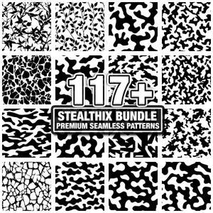 Könnte beinhalten: Eine Sammlung nahtloser Muster in Schwarz und Weiß. Das Bild zeigt verschiedene Designs, darunter organische Formen, Blättermuster und abstrakte Texturen. Der Text "117+" und "STEALTHIX BUNDLE PREMIUM SEAMLESS PATTERNS" sind ebenfalls sichtbar.