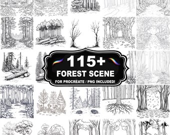Mais de 115 carimbos de cenas de floresta para Procreate, conjunto de pincéis de natureza da mata, download instantâneo em PNG incluído.