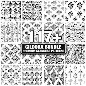 以下が含まれることがあります： 白黒のシームレスパターンのコレクション。画像には、さまざまな花柄や幾何学模様が描かれており、「117+」と「GILDORA BUNDLE PREMIUM SEAMLESS PATTERNS」の文字があります。これらのパターンは、デジタルデザインプロジェクトに適しています。