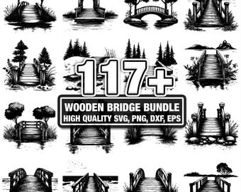 Pacote com mais de 117 arquivos SVG de pontes de madeira, download digital instantâneo em PNG, DXF, EPS e SVG. Arquivos de corte para Cricut e Silhouette, uso comercial, clipart digital.
