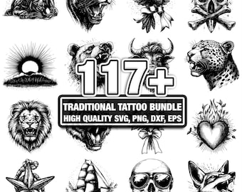 Paquete de más de 117 archivos SVG de estilo tatuaje tradicional, descarga digital instantánea en formato PNG, DXF, EPS y SVG, archivos de corte para Cricut y Silhouette, uso comercial y digital.