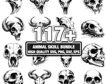 Paquete de más de 117 imágenes SVG de calaveras de animales, descarga digital instantánea en formatos PNG, DXF, EPS y SVG, archivos de corte para Cricut y Silhouette, uso comercial e imágenes prediseñadas digitales.