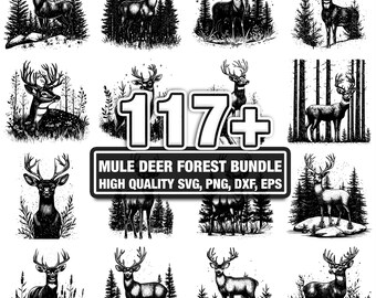 115+ Mule Deer Forest Bundle, Nature Designs, Instant Download png, dxf, eps, svg