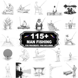 Op de afbeelding: Een verzameling van 115+ grijswaarden illustraties die verschillende visscènes uitbeelden. De afbeeldingen tonen mensen die vissen vanaf boten, steigers en de oever. De tekst "MAN FISHING" is prominent weergegeven, samen met "FOR PROCREATE / PNG INCLUDED!"