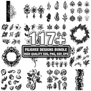 Paquete de más de 117 diseños de filigrana en formato SVG, descarga digital instantánea en formatos PNG, DXF, EPS y SVG, archivos de corte para Cricut y Silhouette, uso comercial y clipart digital.