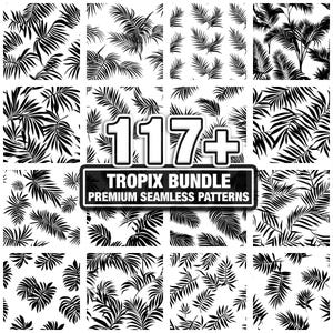 Puede incluir: Una colección de patrones de hojas tropicales en blanco y negro. La imagen presenta múltiples mosaicos cuadrados con diferentes arreglos de hojas de palma. Una pancarta central dice "117+ TROPIC BUNDLE PREMIUM SEAMLESS PATTERNS".