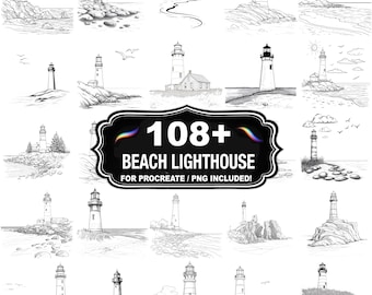 Mais de 108 carimbos com design de farol de praia, conjunto de pontos turísticos costeiros, download instantâneo