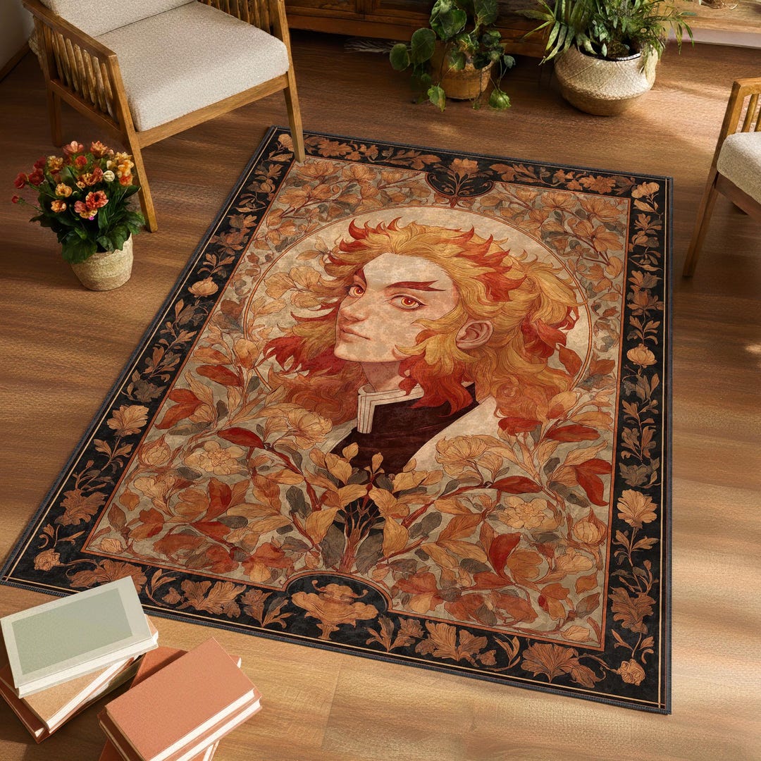 Hashira Rug Flame Hashira Anime Floor Art | Victorian Botanical Demon Slayer Rug ...