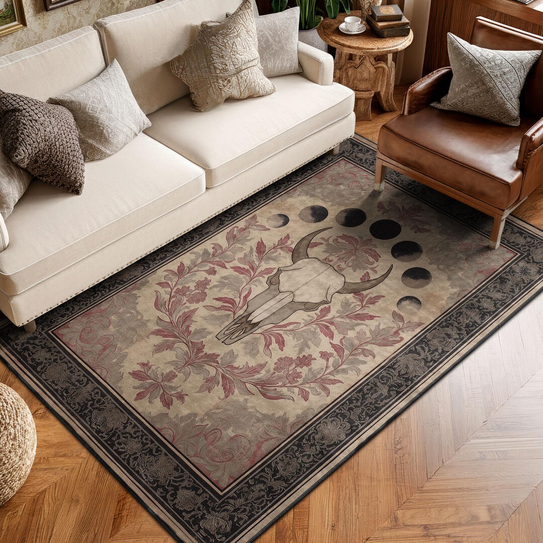 Moon Phase Bull Skull Rug, Western Goth Carpet, Celestial Desert Mat ...