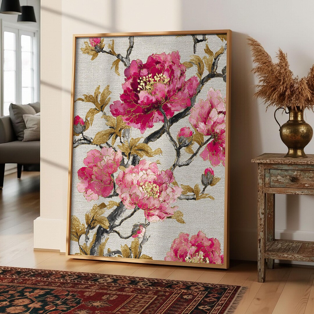 Chinoiserie Wall Art, Pink Peony Print, Elegant Floral Decor for Living ...