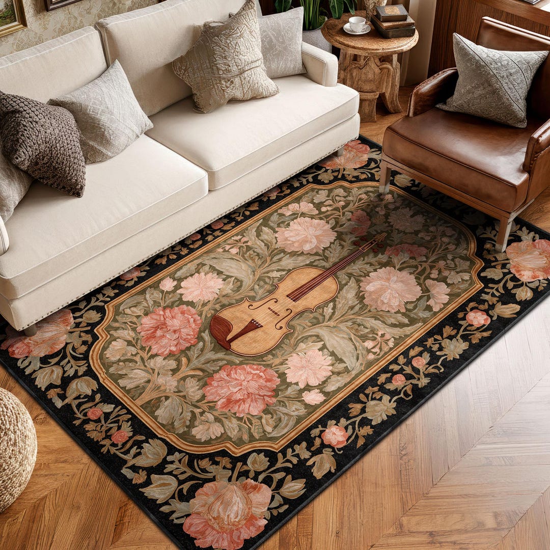Antique Violin Floor Mat, Dark Olive & Pink Rococo Area Carpet ...