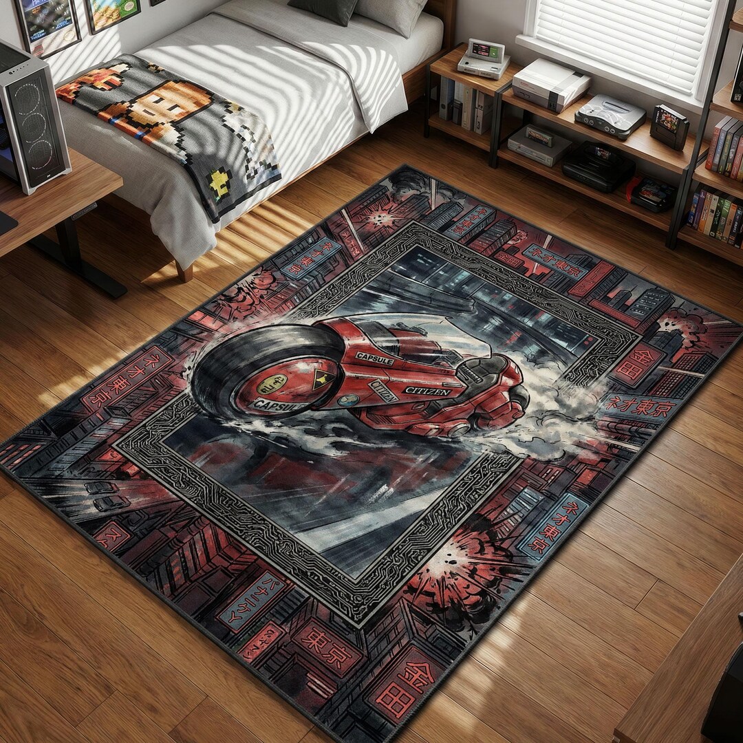 Cyperpunk Rug Kaneda Red Bike Area Rug, Akira Aesthetic Decor, Neo Tokyo Cyberpunk ...