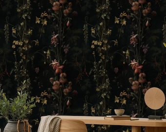 Dark Floral Wallpaper | Vintage Faded Flower Wall Mural | Removable Peel and Stick Gothic Decor