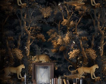 Papier peint léopard de la jungle sombre | Murale botanique Moody | Décoration autocollante