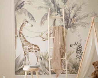 Kids Watercolor Safari Wallpaper | Neutral Beige Peel and Stick Wallpaper | Removable Nursery Decor