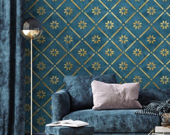 Papier peint géométrique doré turquoise | murale amovible en forme de losange floral | Décoration ton bijou