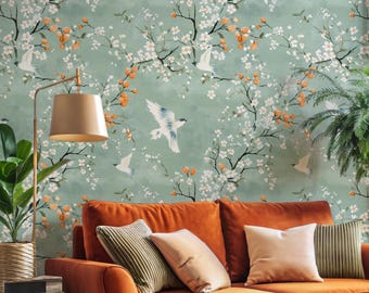 Sage Green Bird Wallpaper | Cherry Blossom Removable Wall Mural | Chinoiserie Decor