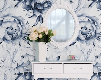 Navy Peony Floral Wallpaper | Blue Watercolor Flowers Removable Wall Mural | Romantic Decor