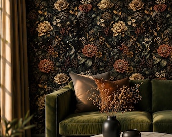 Dark Floral Wallpaper | Vintage Botanical Wall Mural | Moody Maximalist Decor | Peel and Stick