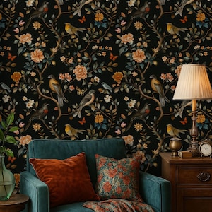Dark Floral Bird Wallpaper, Moody Botanical Wall Mural, Vintage Peel and Stick Decor
