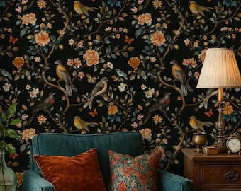 Dark Floral Bird Wallpaper, Moody Botanical Wall Mural, Vintage Peel and Stick Decor