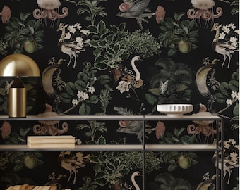 Surreal Botanical Wallpaper | Dark Academia Wall Mural | Removable Peel and Stick