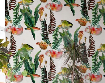 Vintage Fish Wallpaper | Watercolor Seahorse Wall Mural | Removable Peel and Stick