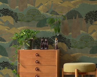 Vintage Japanese Garden Wallpaper | Asian Landscape Wall Mural | Removable Peel and Stick Wall Decor