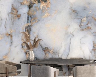 Blue Gold Marble Wall Mural | Luxury Abstract Peel and Stick Wallpaper | Removable Modern Decor