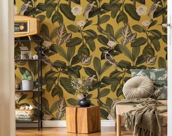 Mustard Yellow Tropical Wallpaper | Removable Bird and Leaf Wall Mural | Boho Jungle Decor
