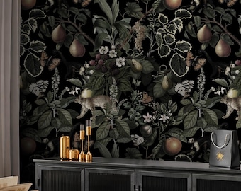 Botanical Wallpaper | Fruit and Leopard Pattern Removable Wall Mural | Dark Academia Peel and Stick