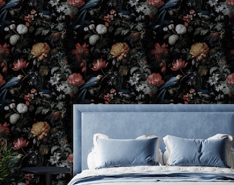 Dark Floral Wall Mural | Blue Bird Peel and Stick Wallpaper | Dutch Masters Style Decor