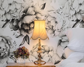 Soft Peony Wallpaper | Black and White Floral Wall Mural | Removable Peel and Stick