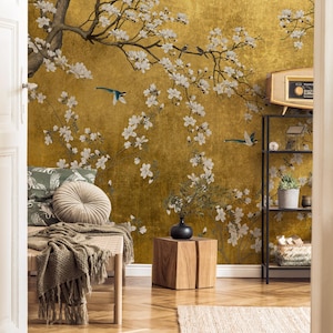 Papel pintado autoadhesivo estilo chinoiserie / Mural de pared con flores de cerezo y pan de oro / Floral de lujo