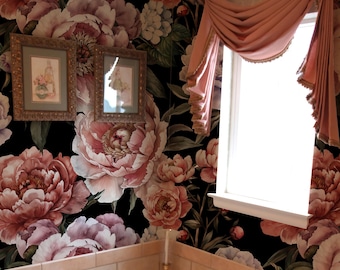 Dark Peony Floral Wallpaper Peel and Stick | Moody Flower Wall Mural